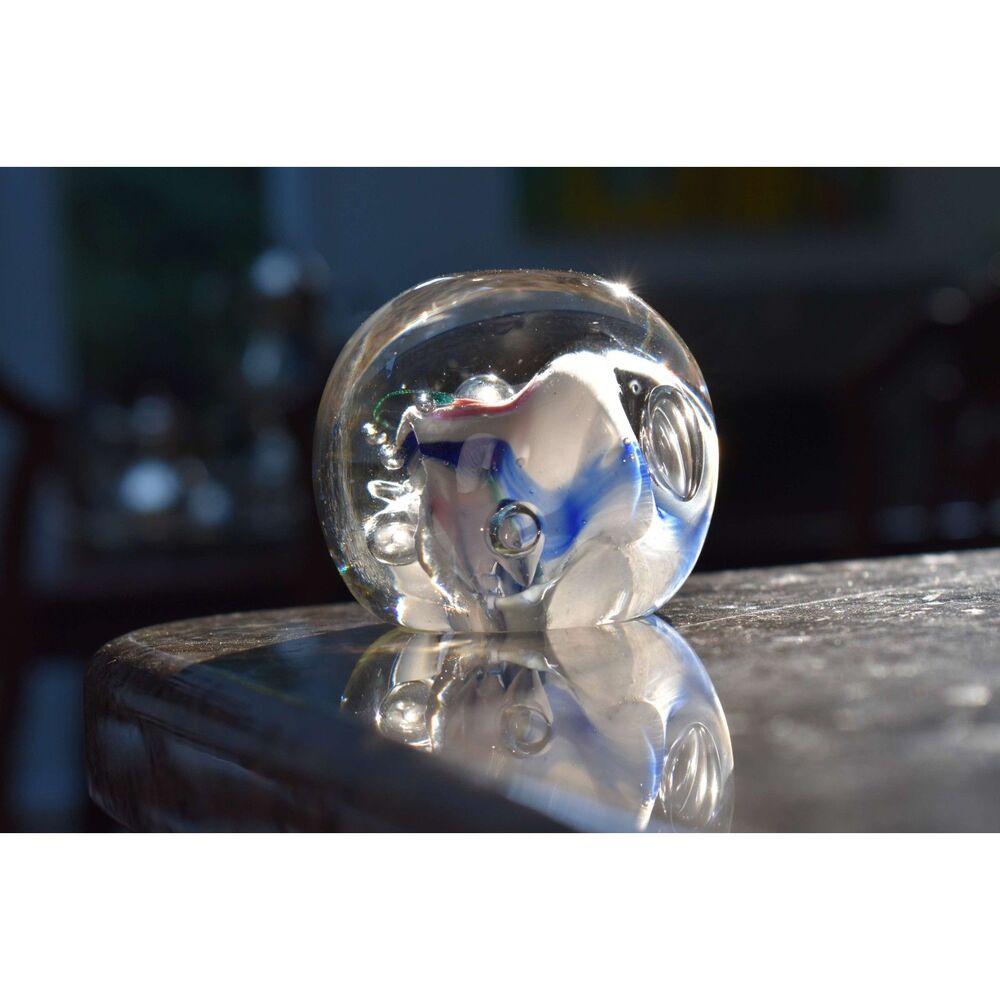 Karg Art Glass Signed Paperweight Cobalt Blue Ribbon Controlled Bubbles Kansas